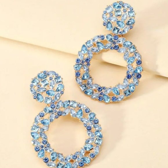Blue Round Brilliant-Cut Sparkling Rhinestone Drop Dangle Earrings Jewelry - Picture 1 of 3